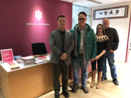 (L-R) Indiana University China Gateway Director Steven Yin hosted Jason Jackson (MMWC), Carrie Hertz (MoIFA), and Jon Kay (MMWC) at the China gateway office in Beijing. December 8, 2017.