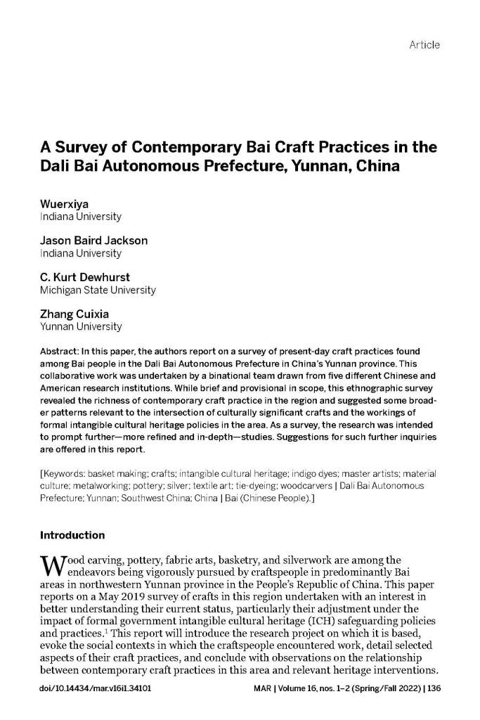 In this image is the first page of a journal article as typeset. The article pictured is "A Survey of Contemporary Bai Craft Practices in the Dali Bai Autonomous Prefecture, Yunnan, China." Visible are the names of the authors, the abstract, the key words and the first paragraph of text.